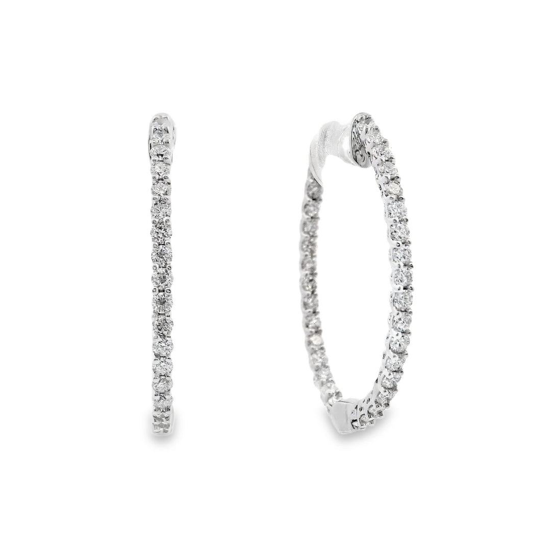 18K White gold delicate hoop earrings set with round brilliant diamonds - item J35792, ABC Jewelry Co