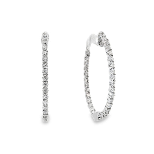 18K White gold delicate hoop earrings set with round brilliant diamonds - item J35792, ABC Jewelry Co