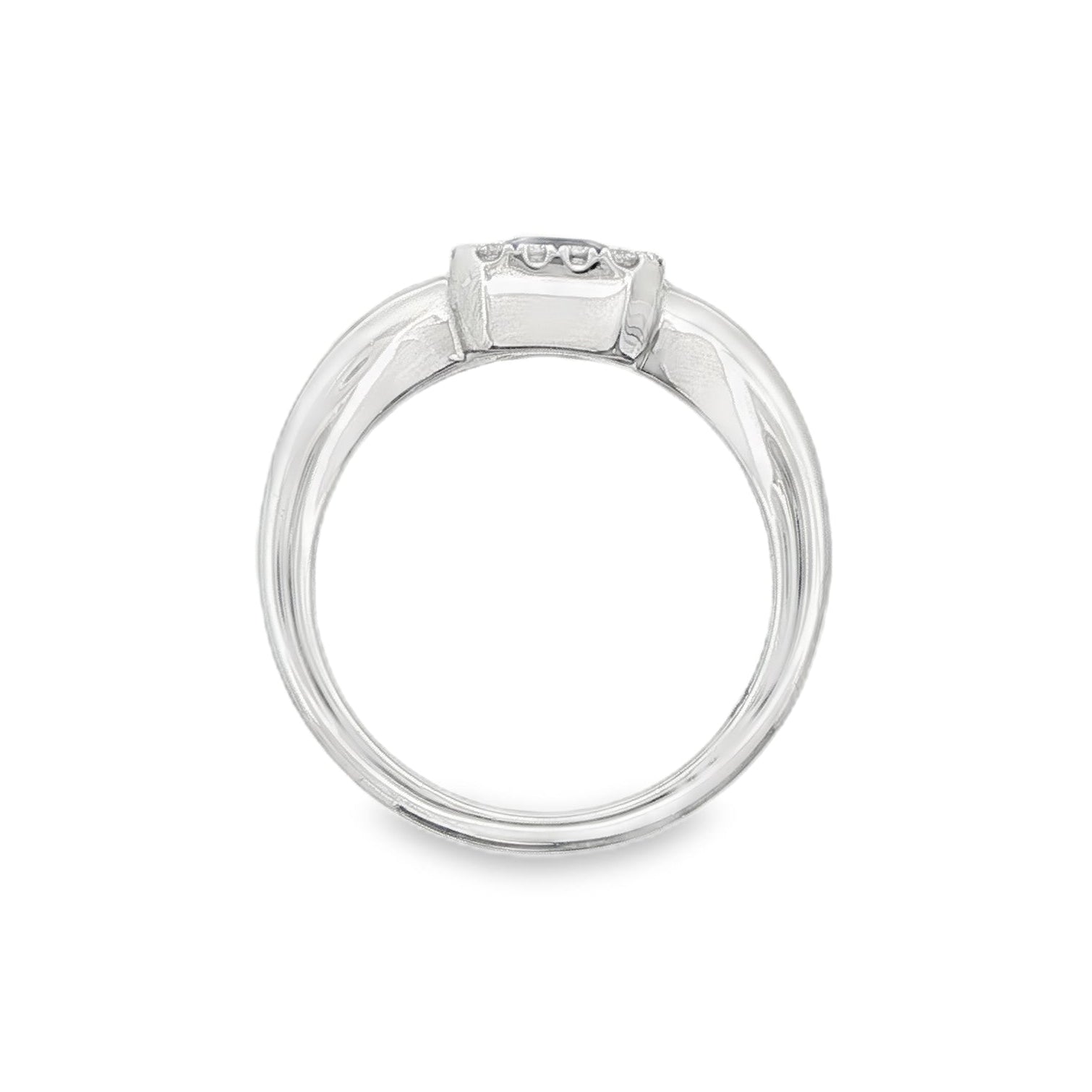 14K White gold ring set with an emerald cut deep blue sapphire surrounded by a halo of round brilliant diamonds. Item J35826 - ABC Jewelry Co. 