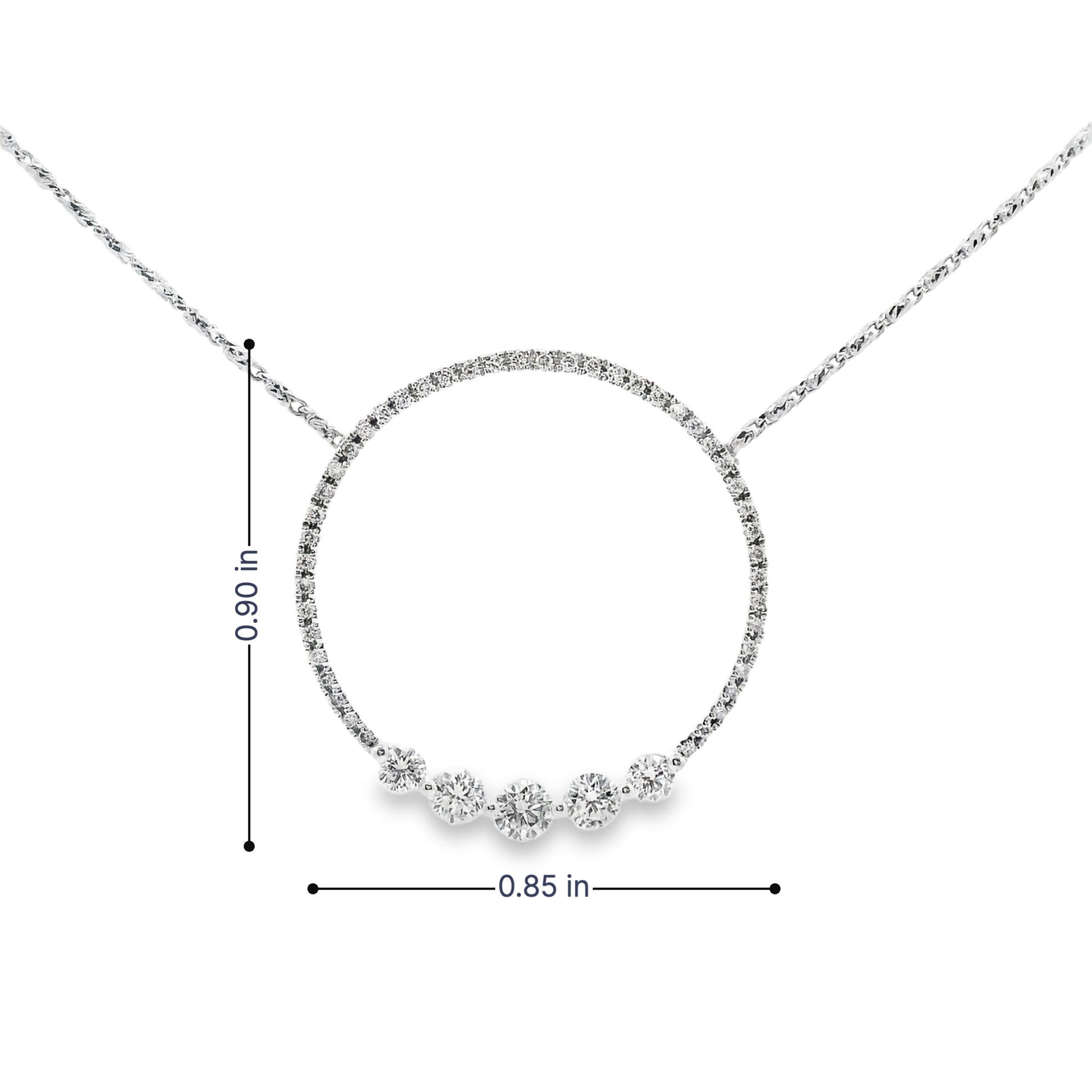 14K White gold circle pendant set with round brilliant diamonds, shown with measurements - ABC Jewelry