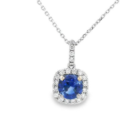 18K White Gold - Blue Sapphire & Diamond Halo Pendant - J35943