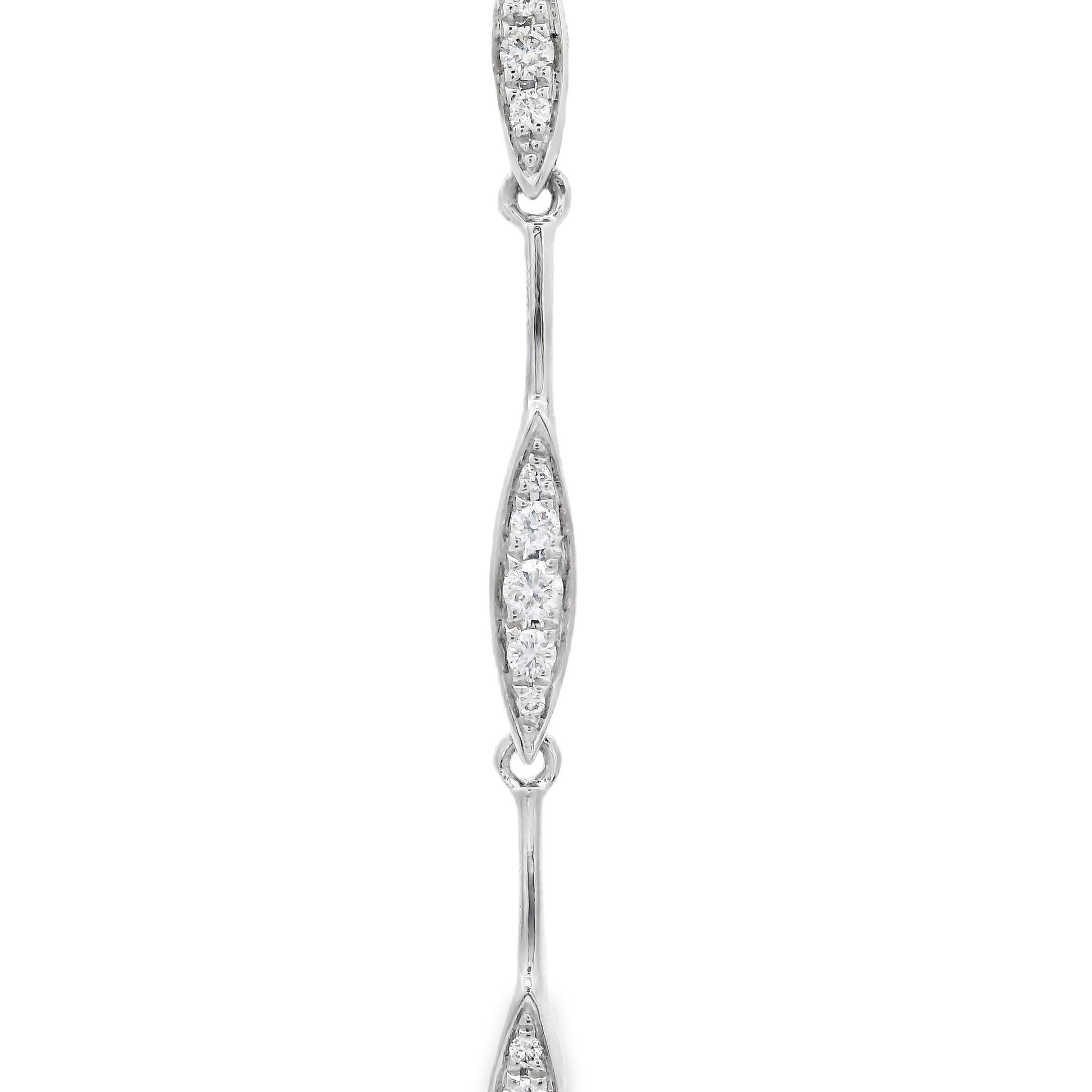 14K White gold dangle earrings with sets of round brilliant diamonds set along the length. Item J36044 - ABC Jewelry Co