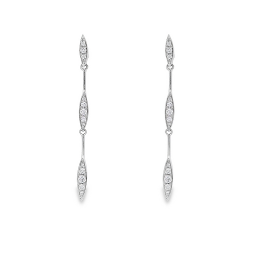 14K White gold dangle earrings with sets of round brilliant diamonds set along the length. Item J36044 - ABC Jewelry Co