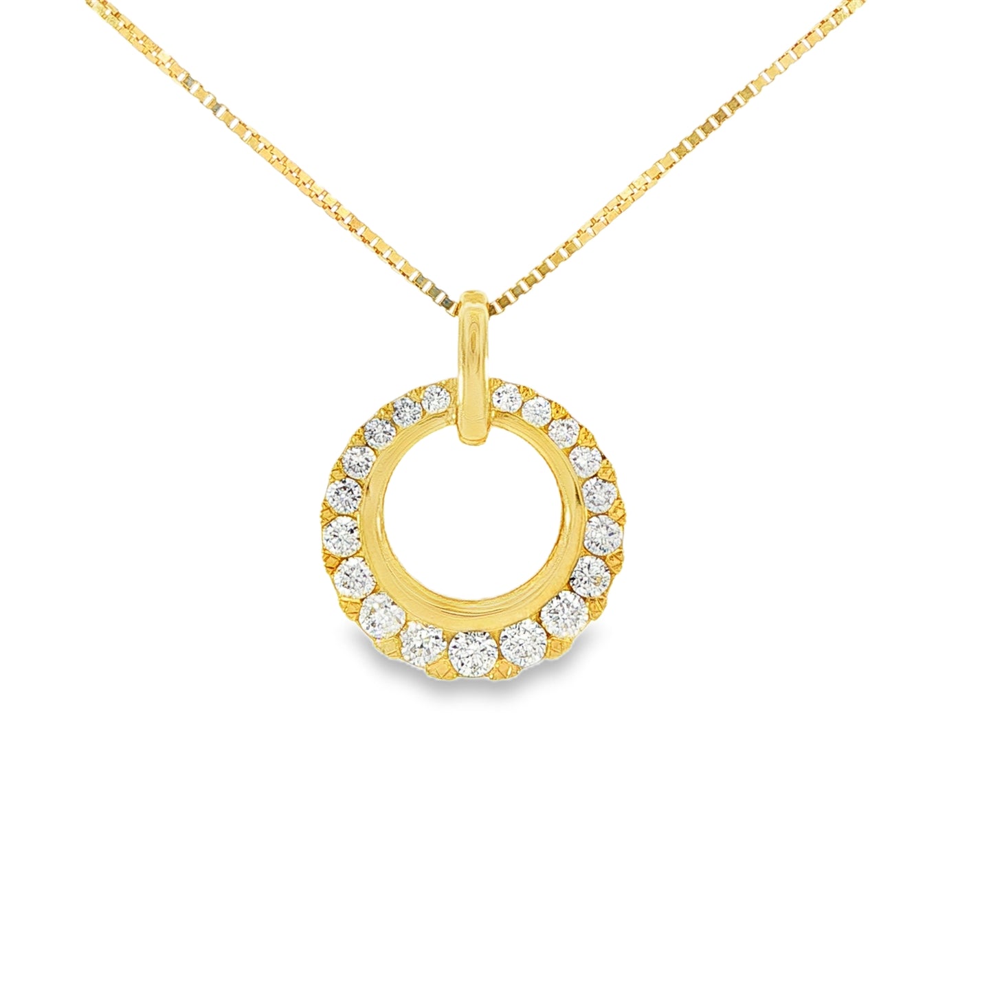 18K Yellow gold circular pendant set with round brilliant diamonds graduating in size. Item J36228 - ABC Jewelry Co. 