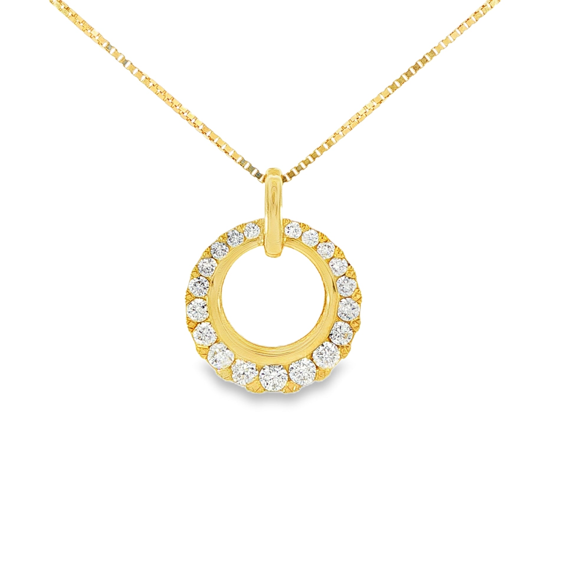 18K Yellow gold circular pendant set with round brilliant diamonds graduating in size. Item J36228 - ABC Jewelry Co. 