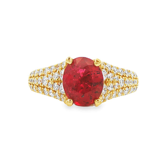 18K Yellow gold red ruby ring with pave diamond band. Item J36290 - ABC Jewelry Co. 