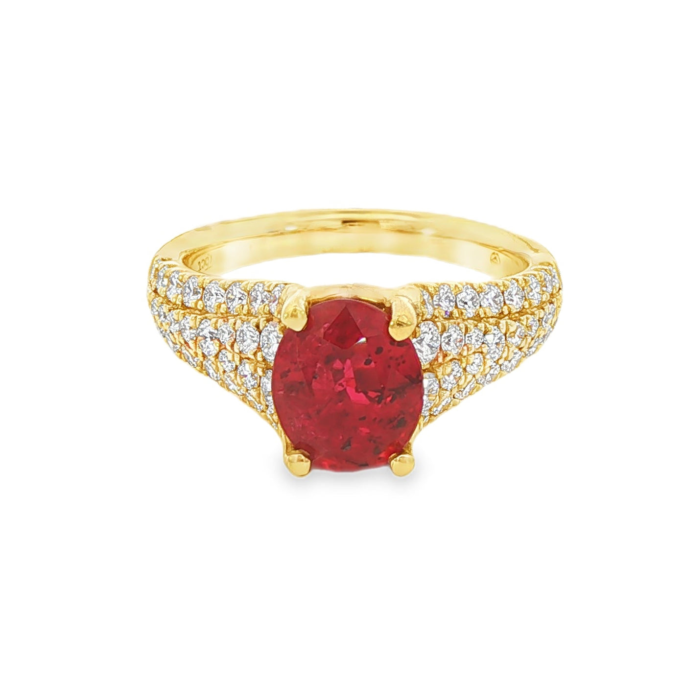 18K Yellow gold red ruby ring with pave diamond band. Item J36290 - ABC Jewelry Co. 