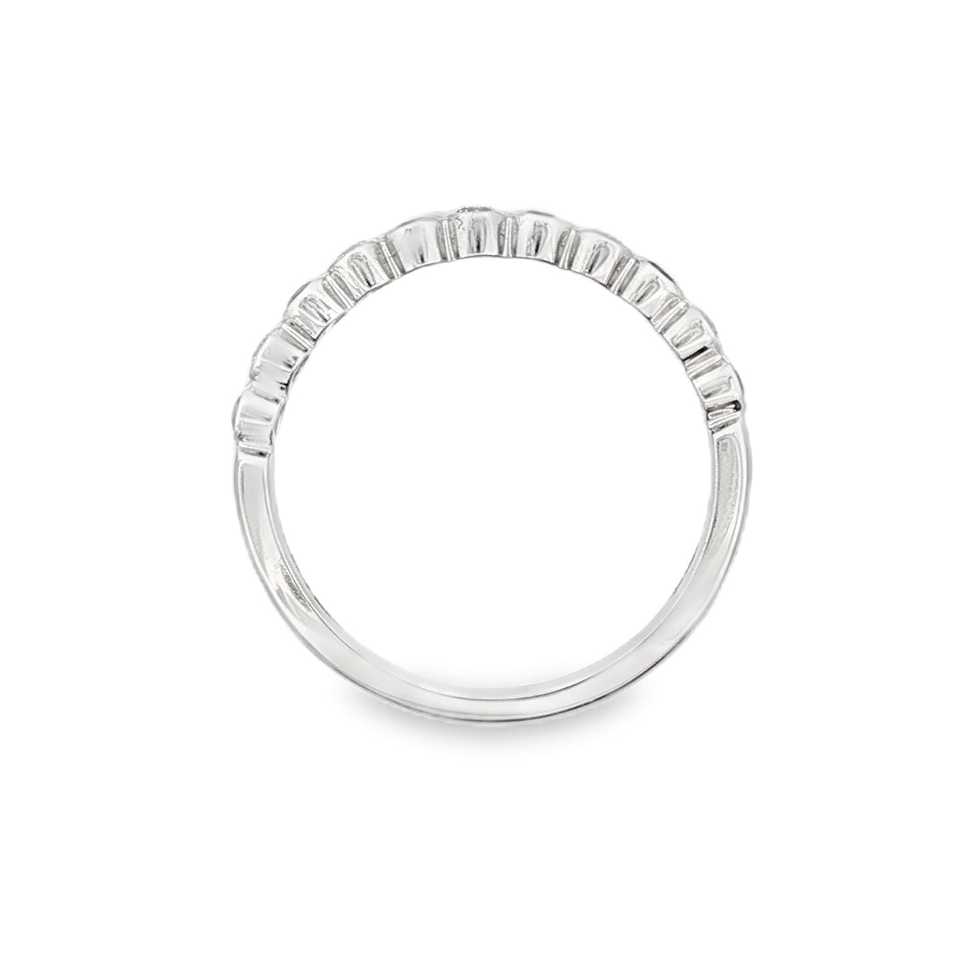 18K White gold band bezel set with alternating diamonds and blue sapphires. Item J36377 - ABC Jewelry Co. 