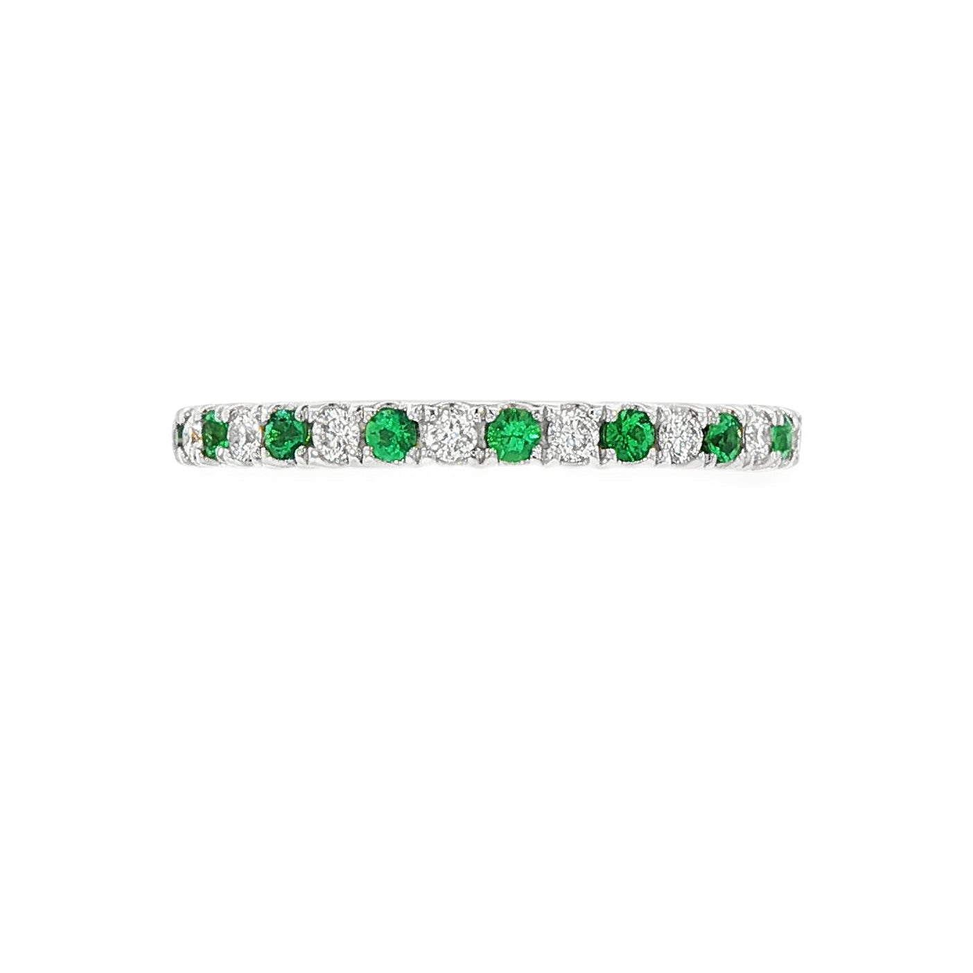 18K White gold band set with alternating diamonds and emeralds. Item J36393 - ABC Jewelry Co. 