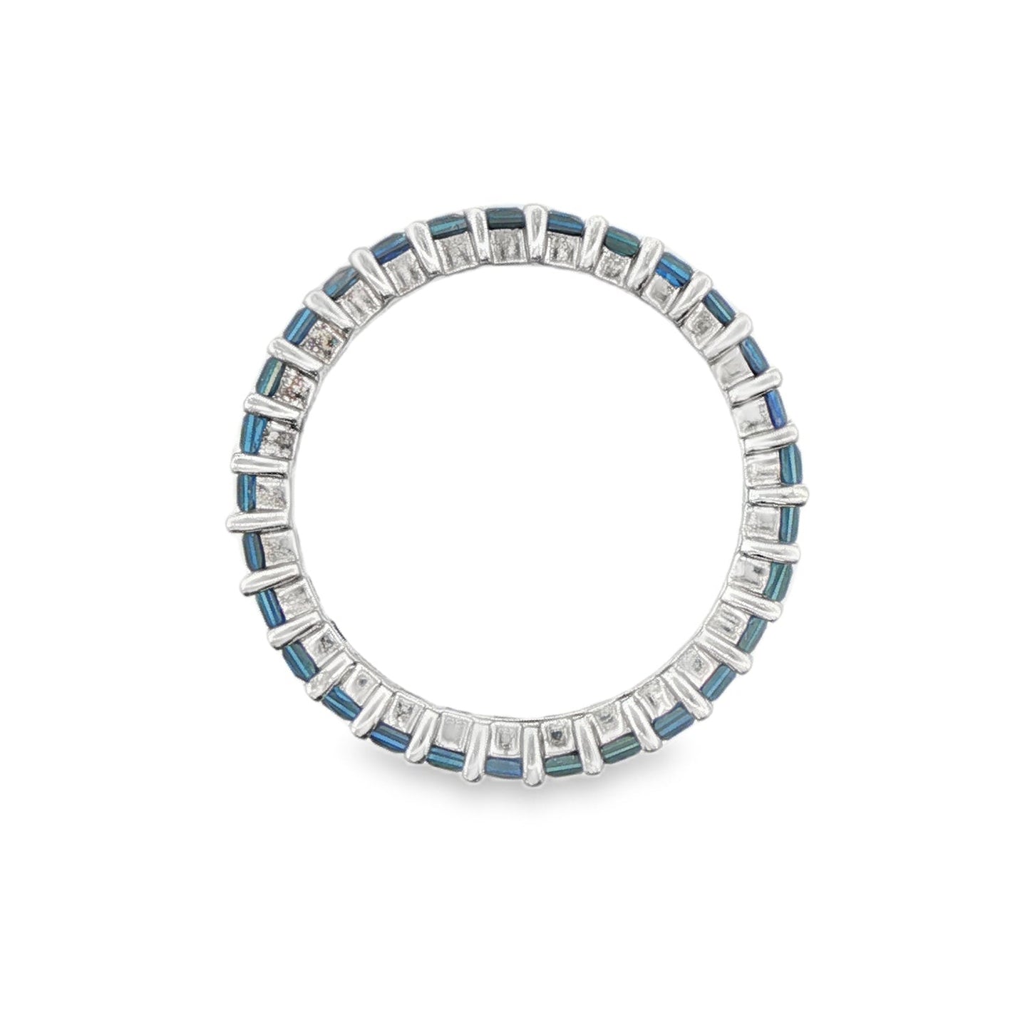 14K White gold eternity band set with princess cut blue sapphires. Item J36403 - ABC Jewelry Co.