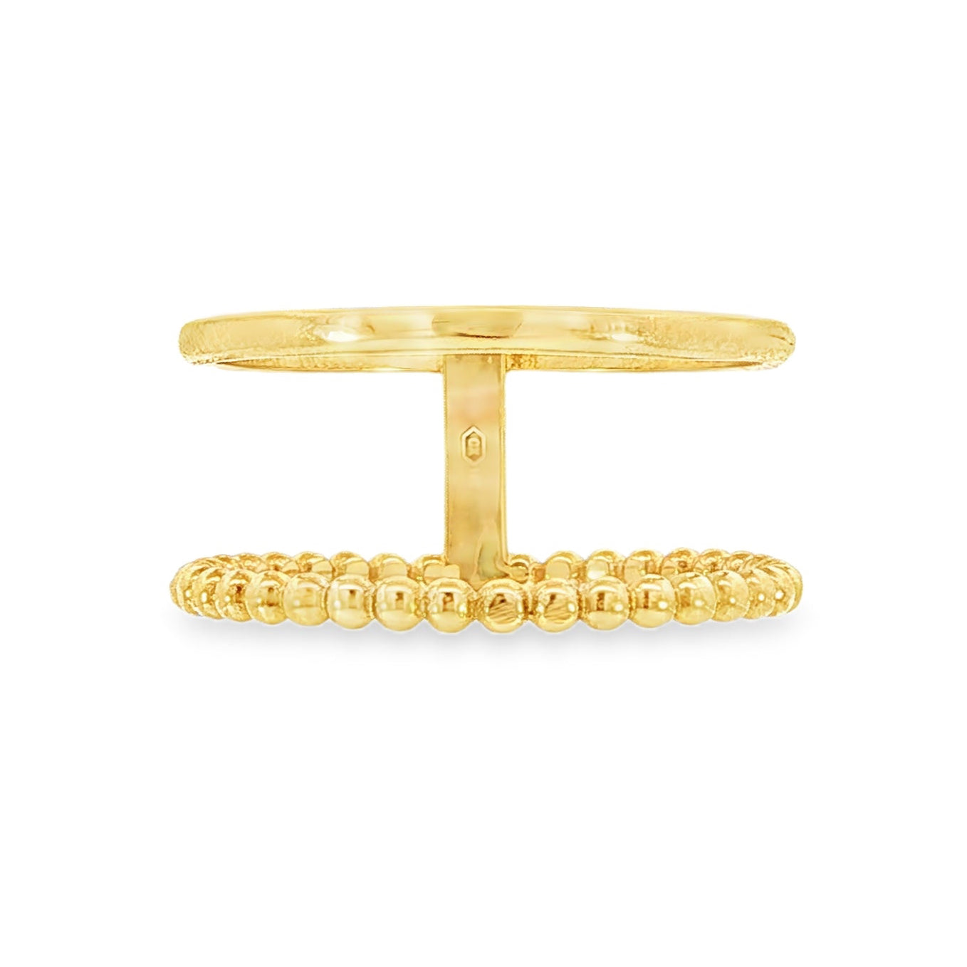 14K Yellow gold double band ring, one beaded band and one polished band connected with a bar. Item J36433 - ABC Jewelry Co.