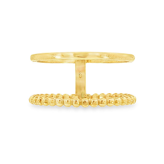 14K Yellow gold double band ring, one beaded band and one polished band connected with a bar. Item J36433 - ABC Jewelry Co.
