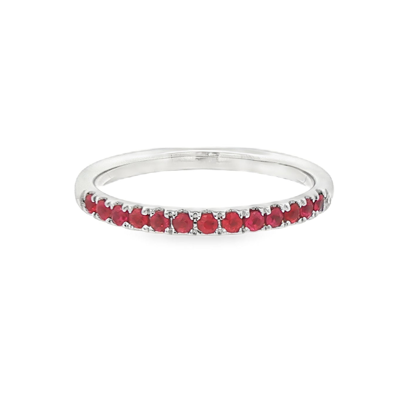 18K White gold band set with round brilliant rubies. Item J36902 - ABC Jewelry Co.