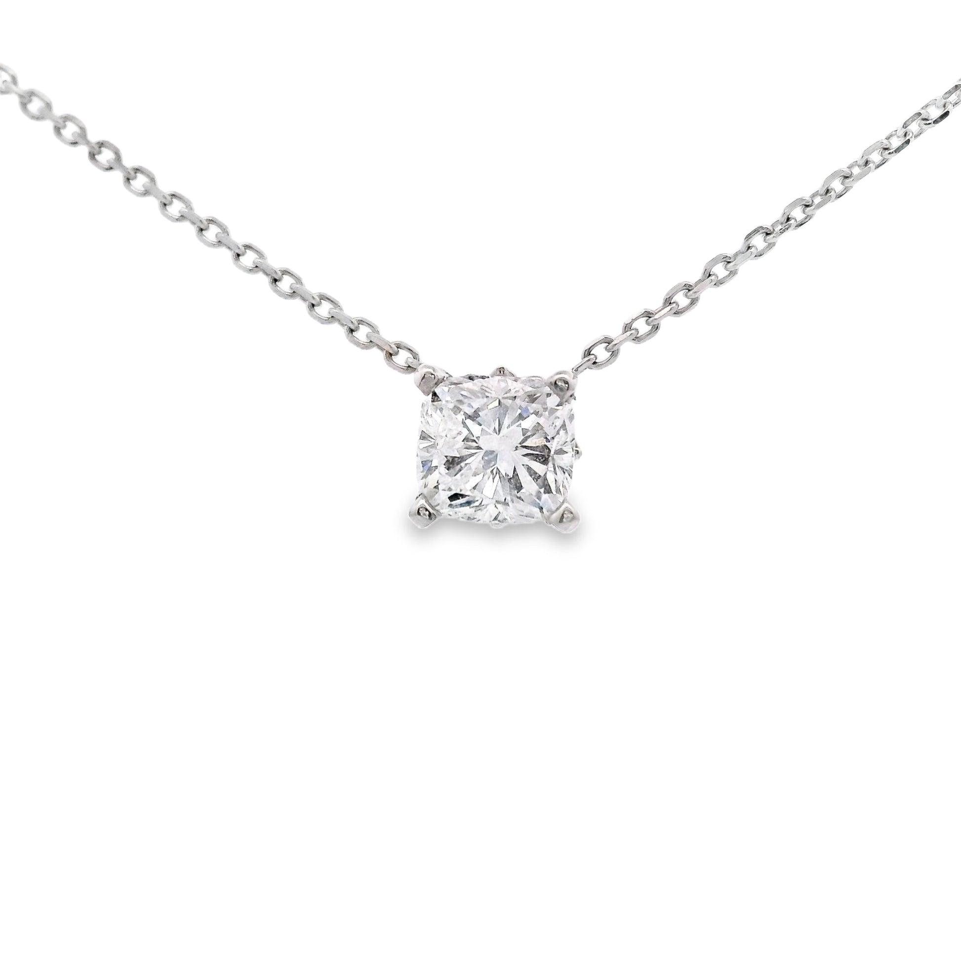 14K White gold solitaire necklace with cushion cut diamond, item number J37013 - ABC Jewelry Co