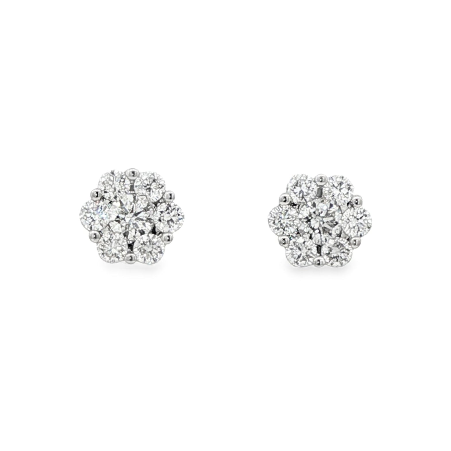 18K White gold earrings with a cluster of round brilliant diamonds. Item J37097 - ABC Jewelry Co.