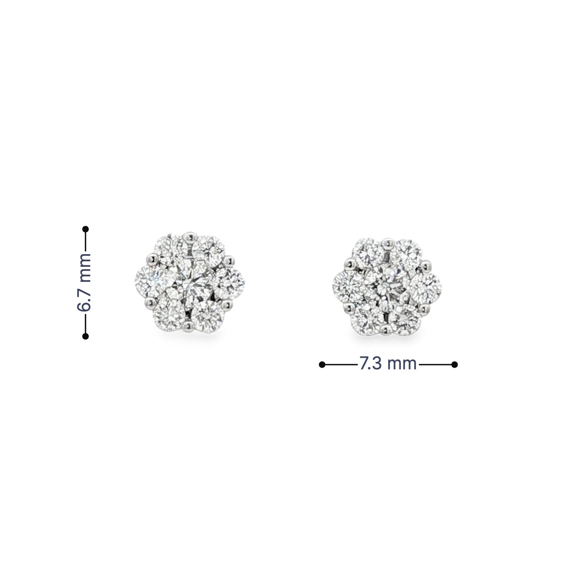 18K White gold earrings with a cluster of round brilliant diamonds. Item J37097 - ABC Jewelry Co.