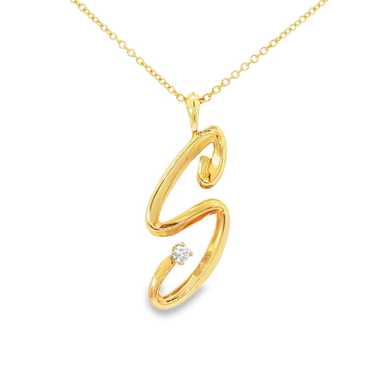 14K Yellow gold initial "S" pendant set with one round brilliant diamond. Item J37145 - ABC Jewelry Co. 