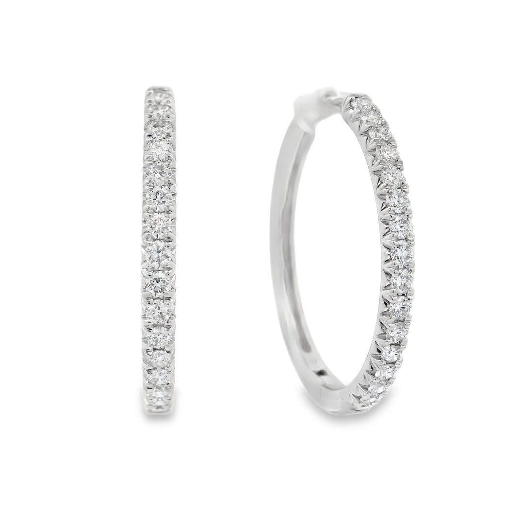 18K White gold hoop earrings set with round brilliant diamonds, item J37593 - ABC Jewelry Co.