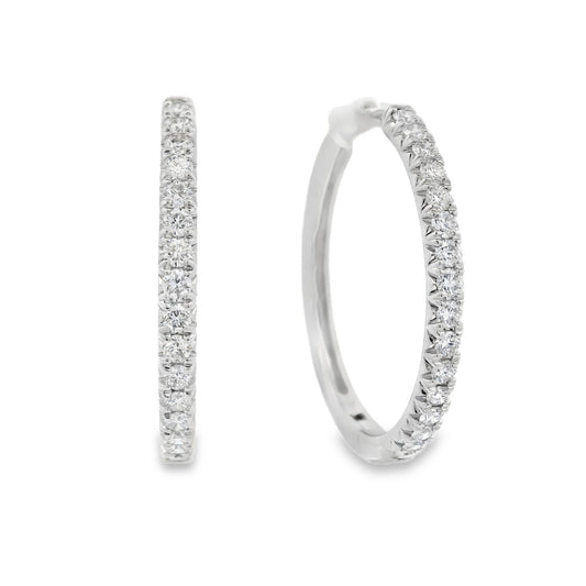 18K White gold hoop earrings set with round brilliant diamonds, item J37593 - ABC Jewelry Co.