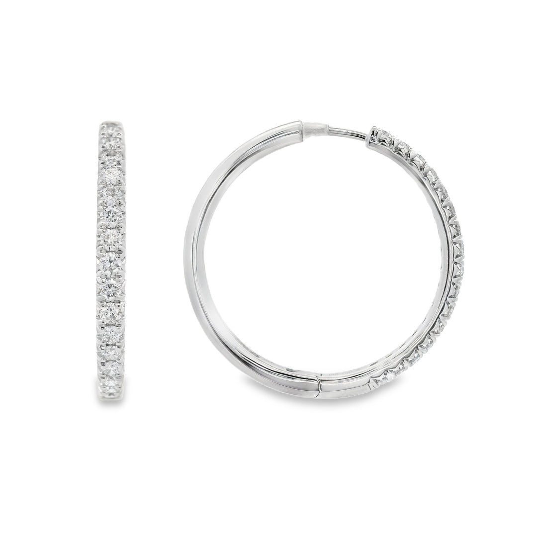 18K White gold hoop earrings set with round brilliant diamonds, item J37593 - ABC Jewelry Co.