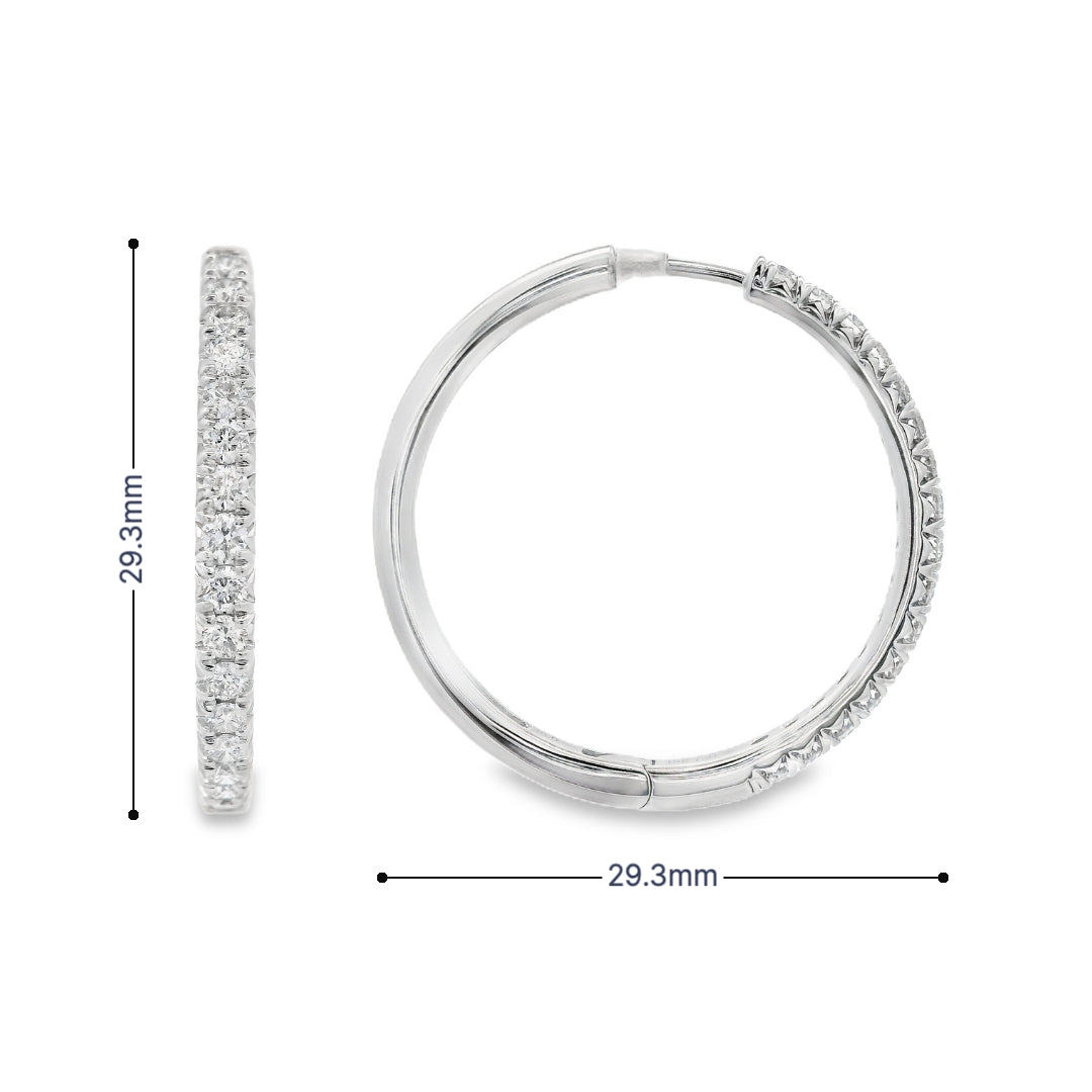 18K White gold hoop earrings set with round brilliant diamonds, item J37593 - ABC Jewelry Co.