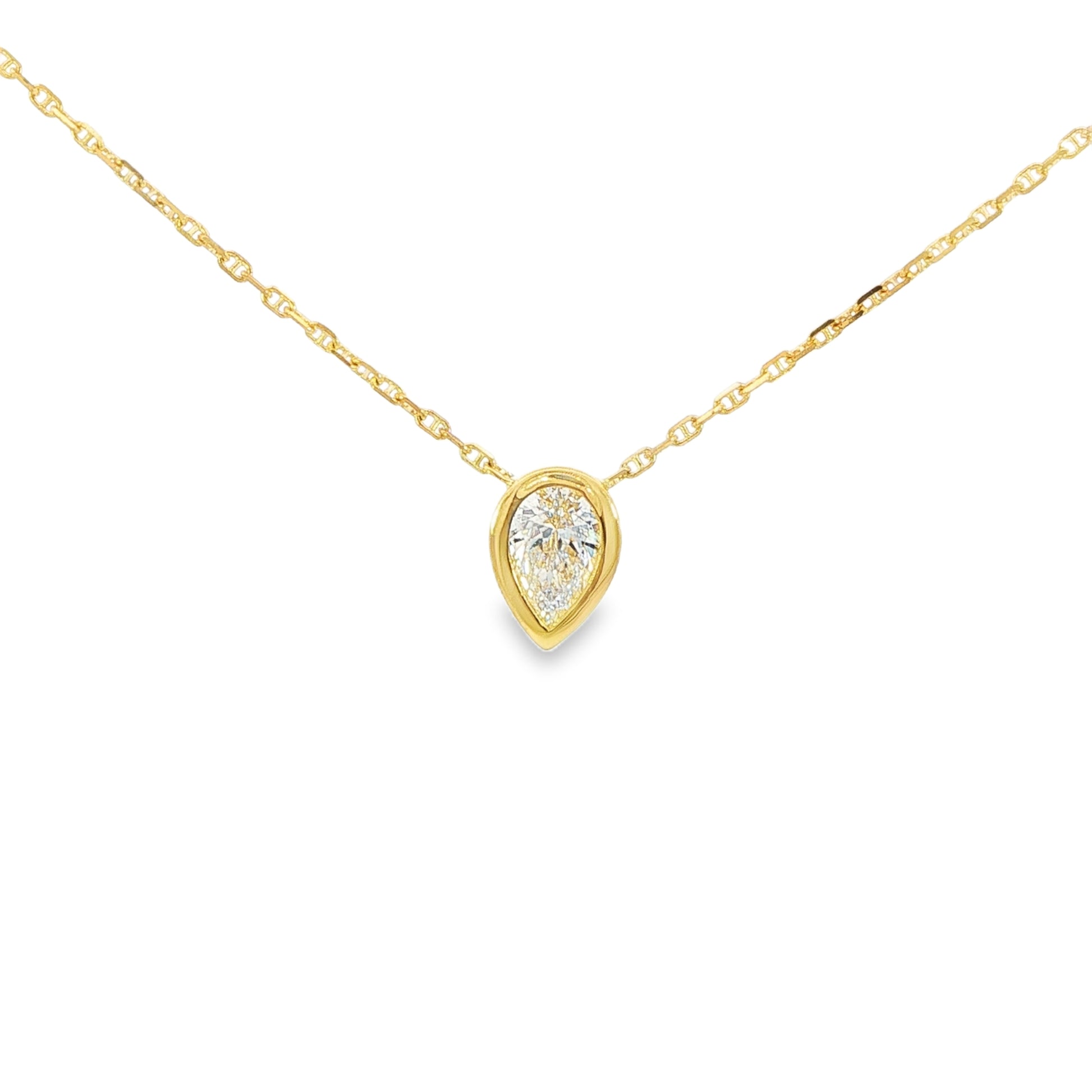 14K Yellow gold necklace bezel set with a pear shape diamond. Item J37647 - ABC Jewelry Co. 