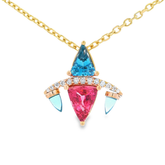 14K Yellow Gold - Pink Tourmaline & Blue Topaz Pendant - J37660