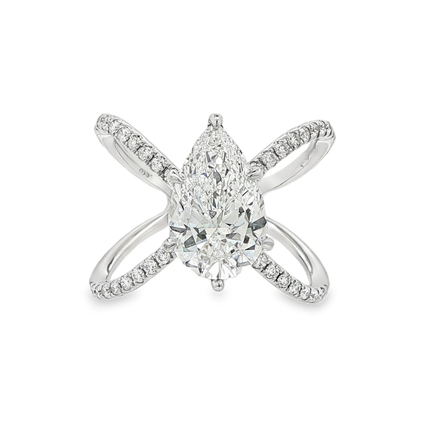 18K White gold diamond crisscross ring set with LAB GROWN pear shaped diamond center stone - Item J37707 - ABC Jewelry Co. 