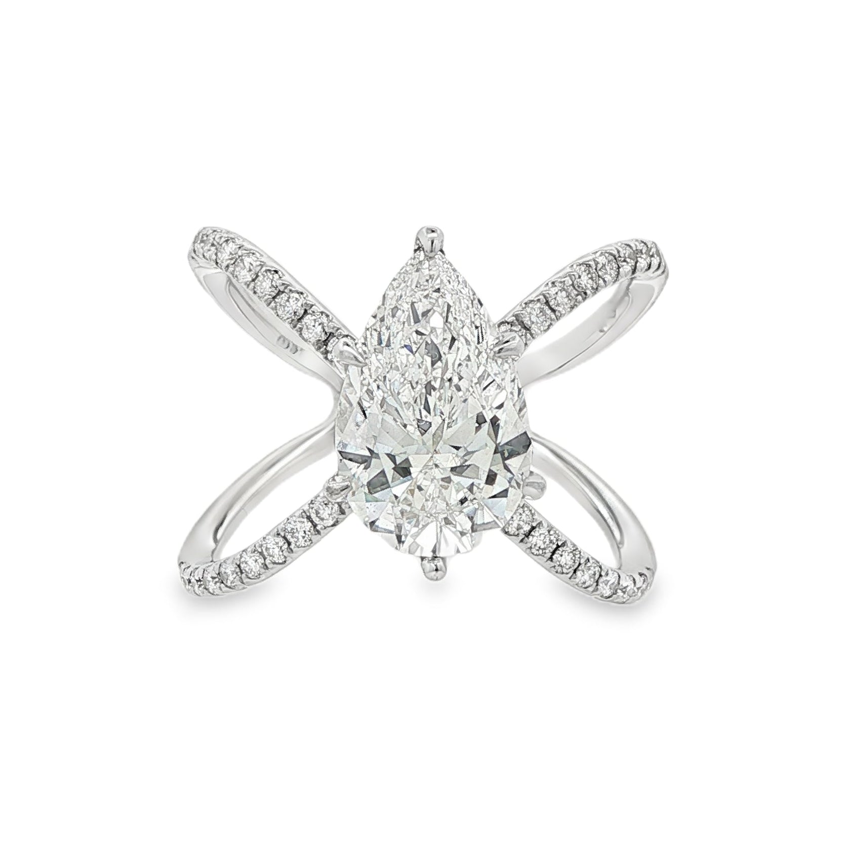 18K White gold diamond crisscross ring set with LAB GROWN pear shaped diamond center stone - Item J37707 - ABC Jewelry Co. 
