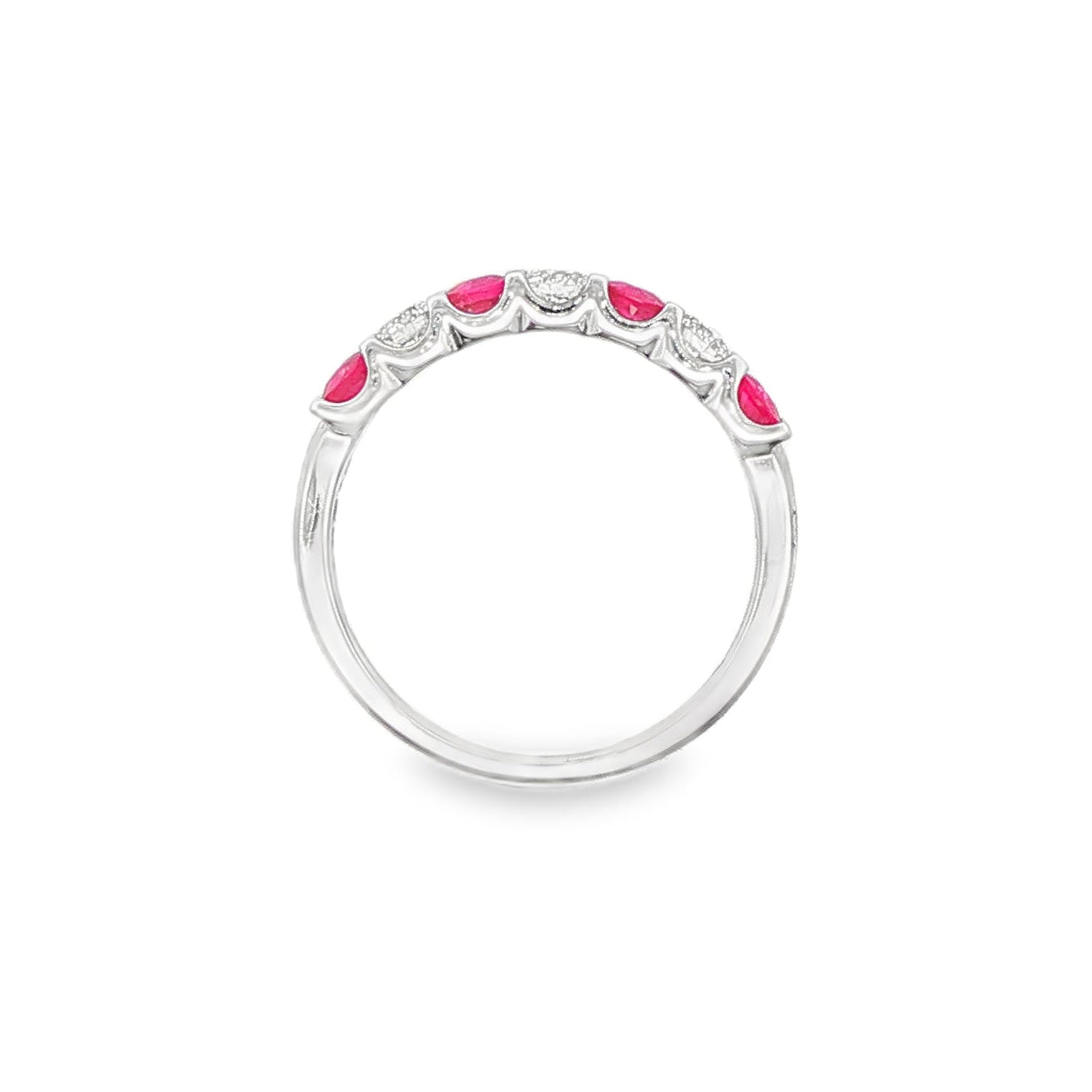 18K White gold band set with alternating diamonds and rubies. Item J37709 - ABC Jewelry Co. 