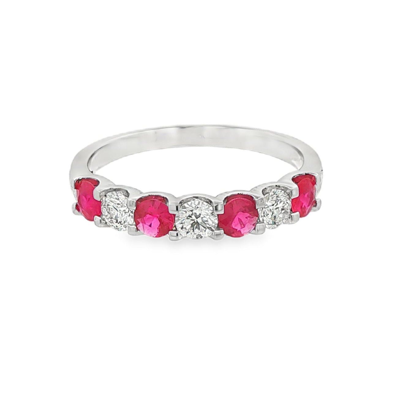 18K White gold band set with alternating diamonds and rubies. Item J37709 - ABC Jewelry Co. 