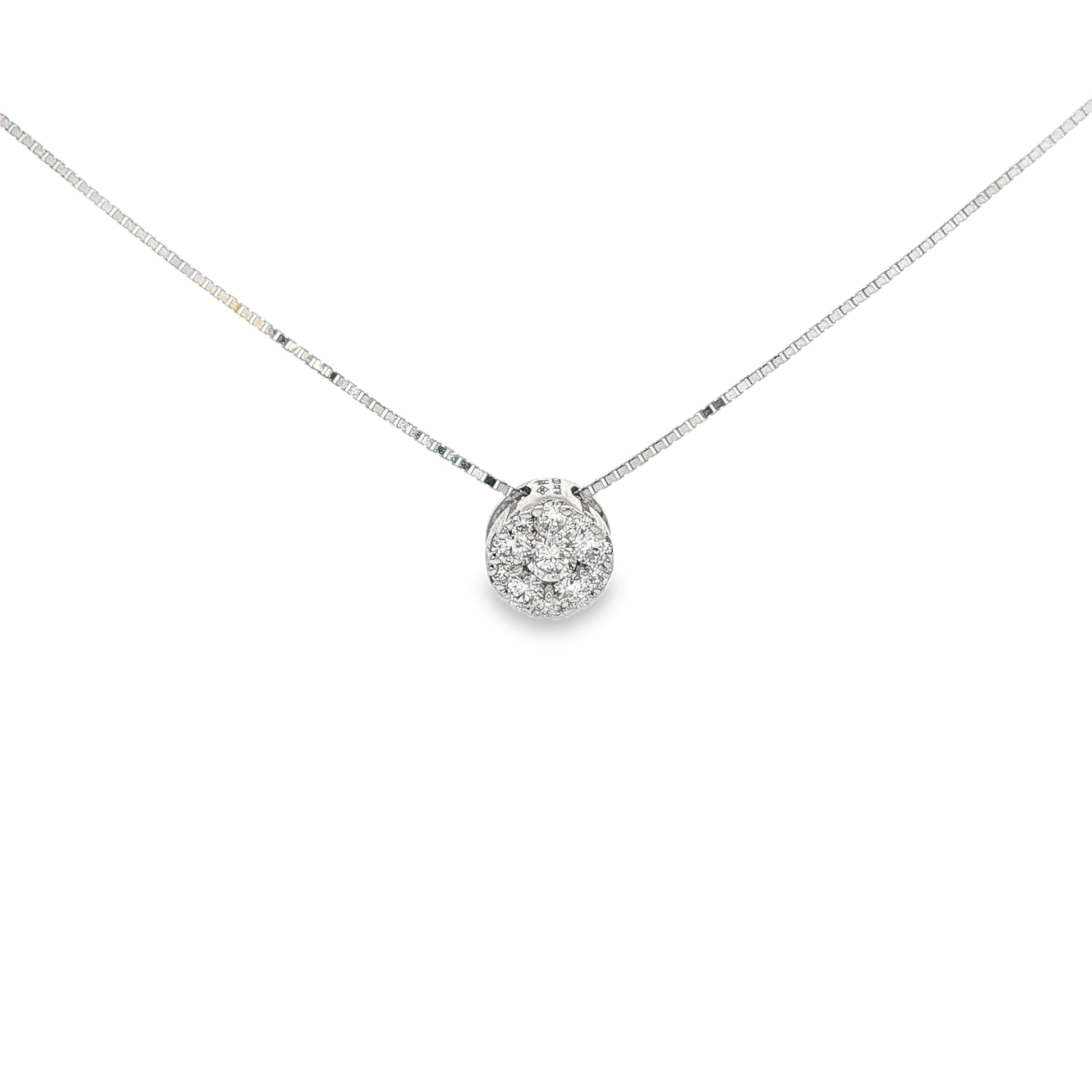18K White gold diamond cluster pendant set with round brilliant diamonds. Item J37717 - ABC Jewelry Co. 