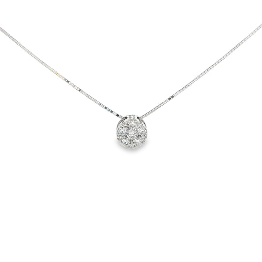 18K White gold diamond cluster pendant set with round brilliant diamonds. Item J37717 - ABC Jewelry Co. 