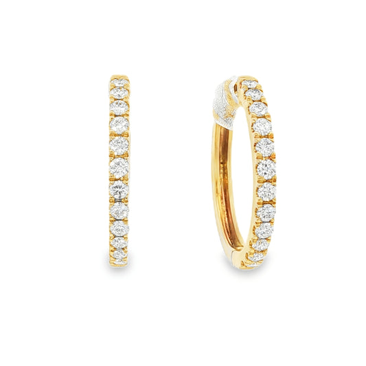 18K Yellow gold hoop earrings set with round brilliant diamonds. Item J37722 - ABC Jewelry Co.