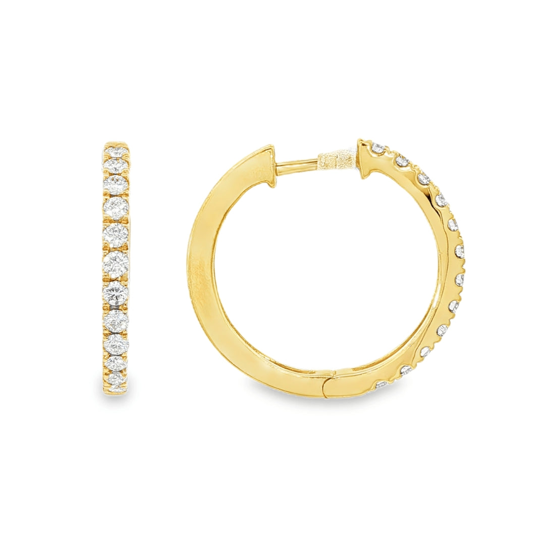18K Yellow gold hoop earrings set with round brilliant diamonds. Item J37722 - ABC Jewelry Co.