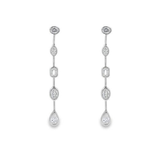 18K White gold dangle earrings featuring diamonds of assorted shapes. Item J37723 - ABC Jewelry Co