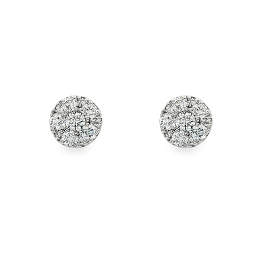18K White gold earrings with a cluster of round brilliant diamonds. Item J37727 - ABC Jewelry Co.