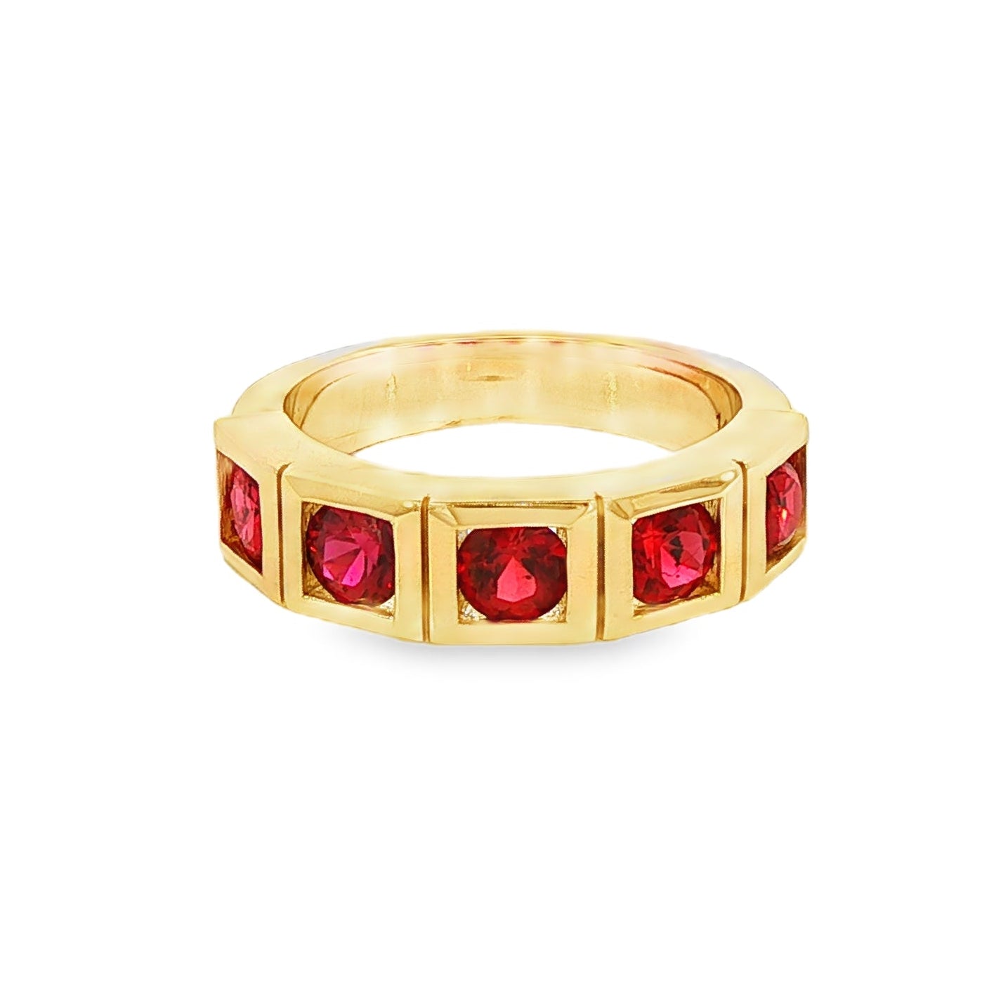14K Yellow gold band set with 5 red rubies - Item J37794, ABC Jewelry Co. 