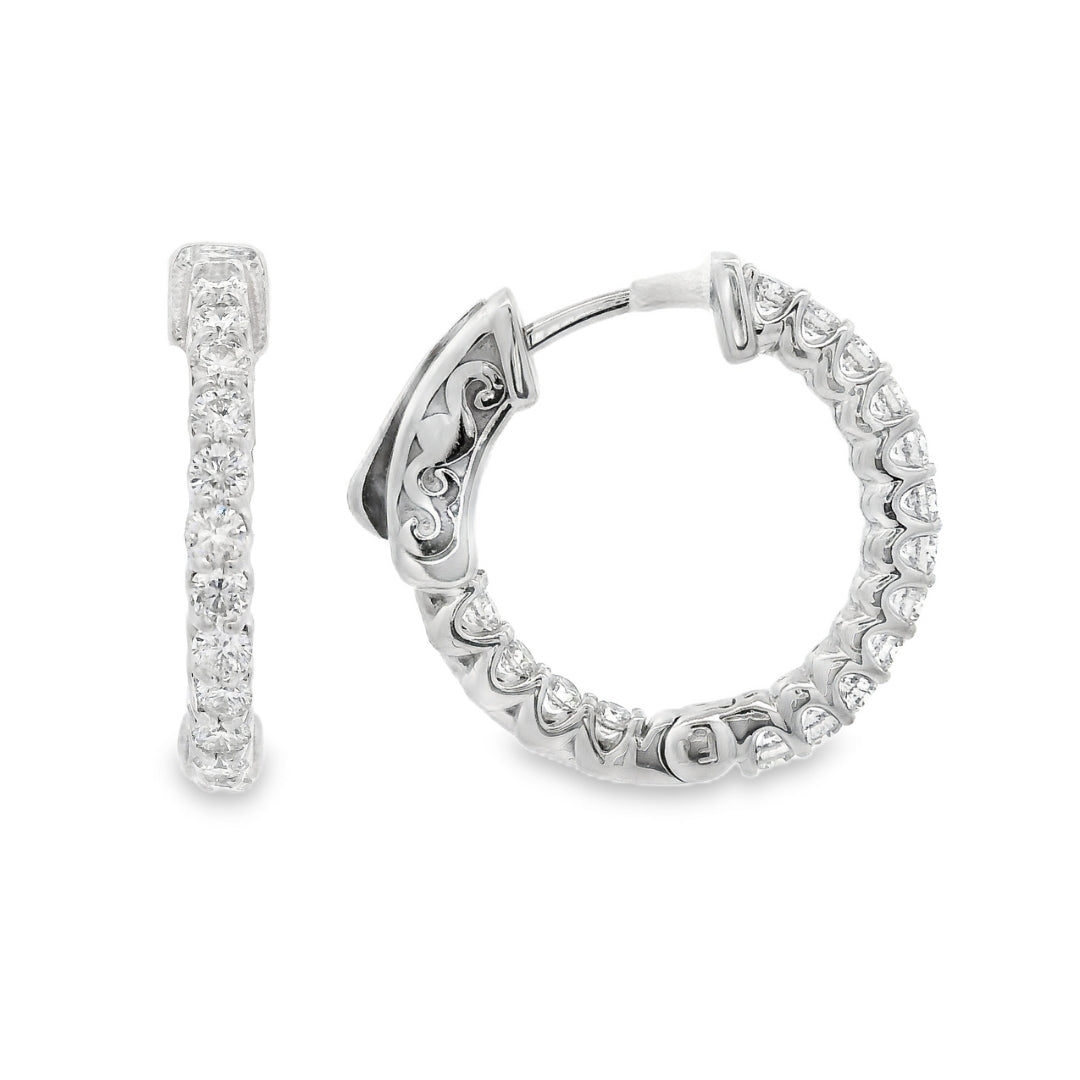 14K White gold hoop earrings set with round brilliant diamonds. Item J37819 - ABC Jewelry CO 