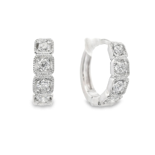 14K White Gold - Milgrain Diamond Hoop Earrings - J37822