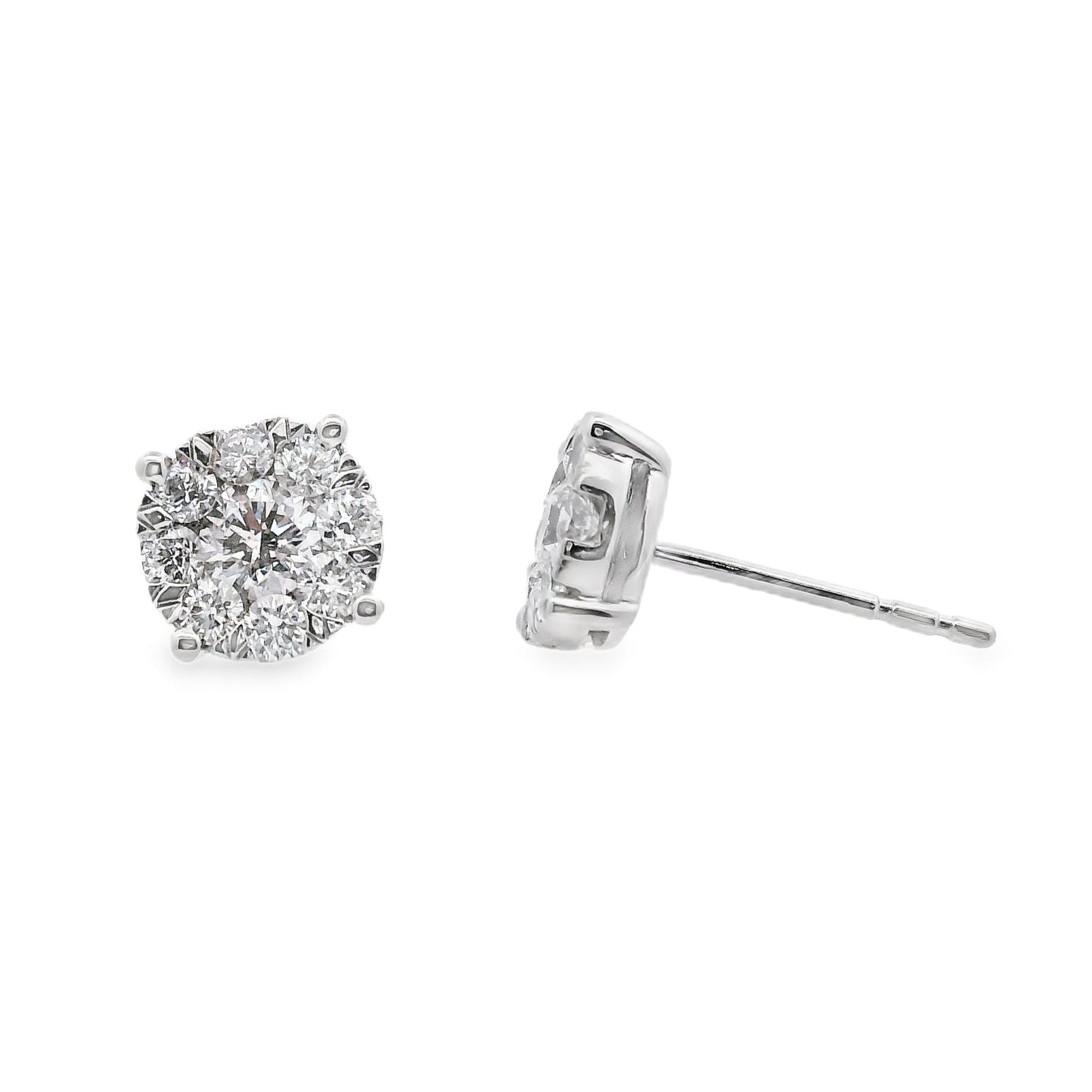 14K White gold diamond earrings with round brilliant centers surrounded by a halo of smaller round brilliant diamonds - item J37823, ABC Jewelry Co. 