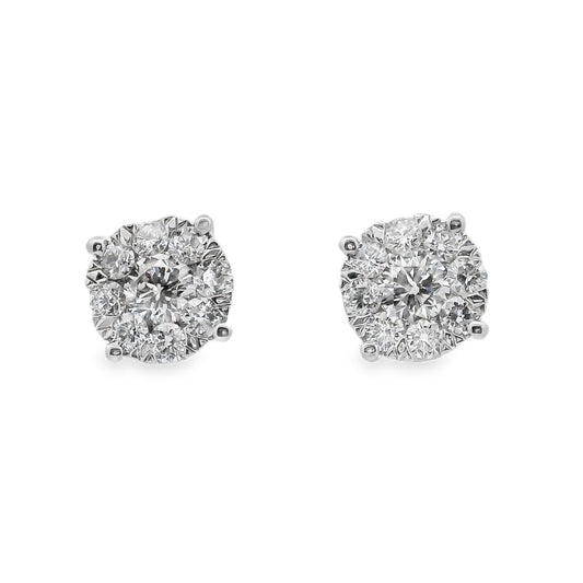 14K White gold diamond earrings with round brilliant centers surrounded by a halo of smaller round brilliant diamonds - item J37823, ABC Jewelry Co. 