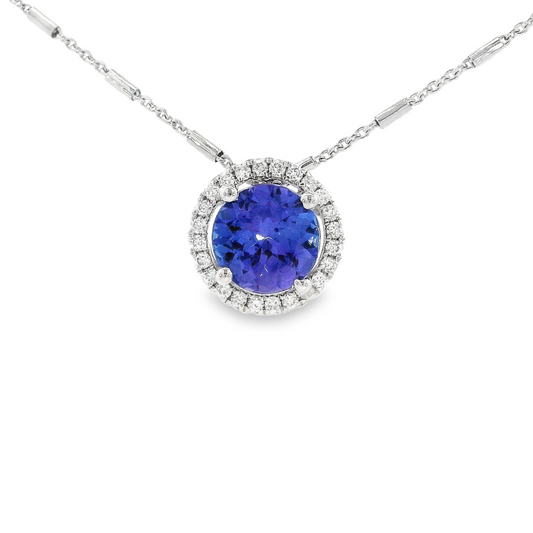 18K White Gold - Tanzanite & Diamond Halo Pendant - J37857