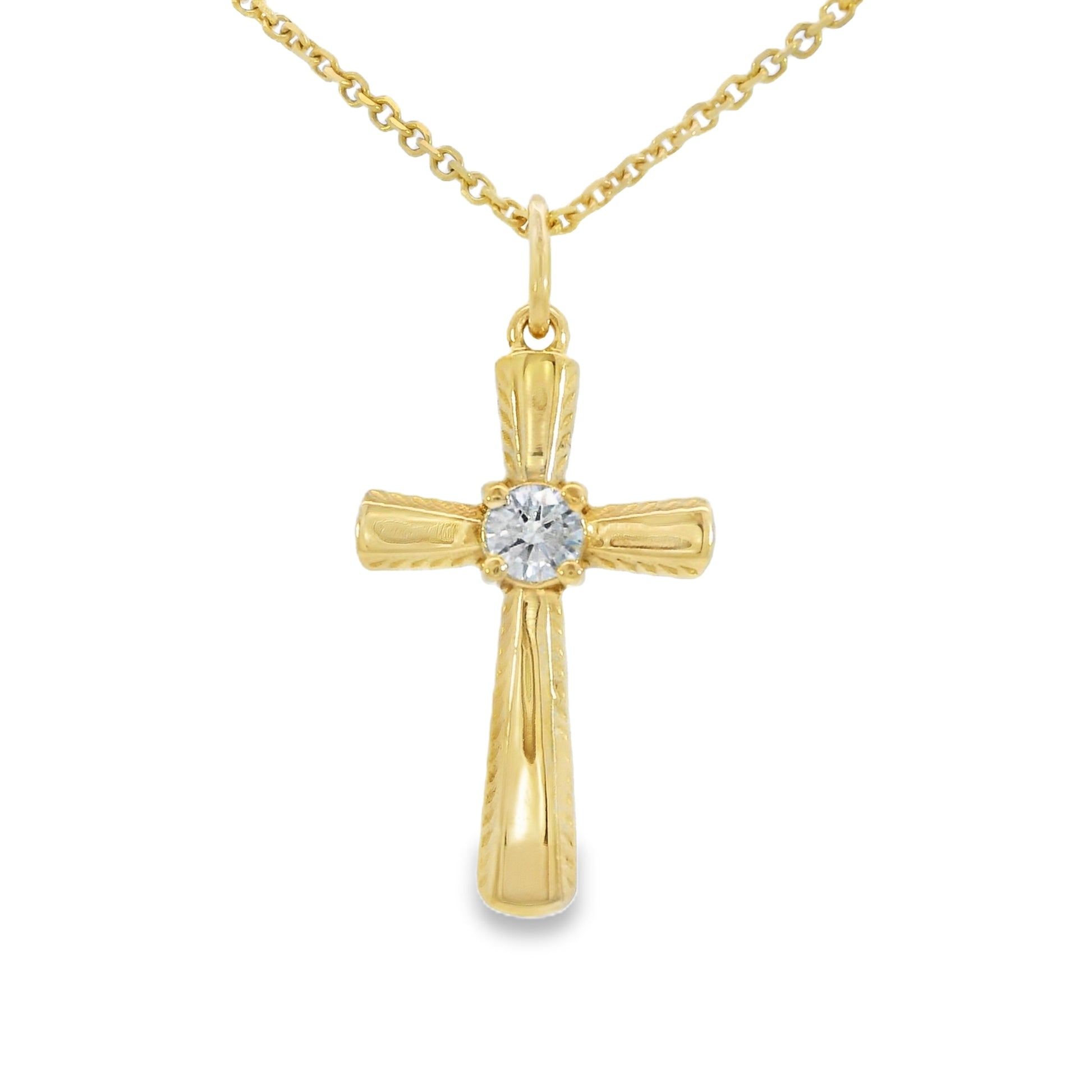 14K Yellow gold cross pendant set with one round brilliant diamond. J38175 - ABC Jewelry Co.