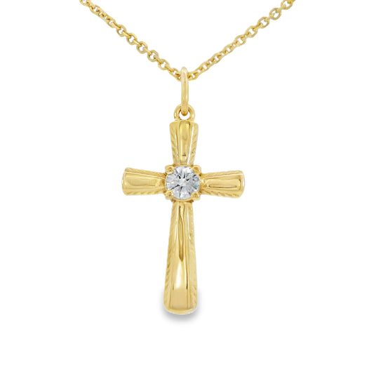 14K Yellow gold cross pendant set with one round brilliant diamond. J38175 - ABC Jewelry Co.
