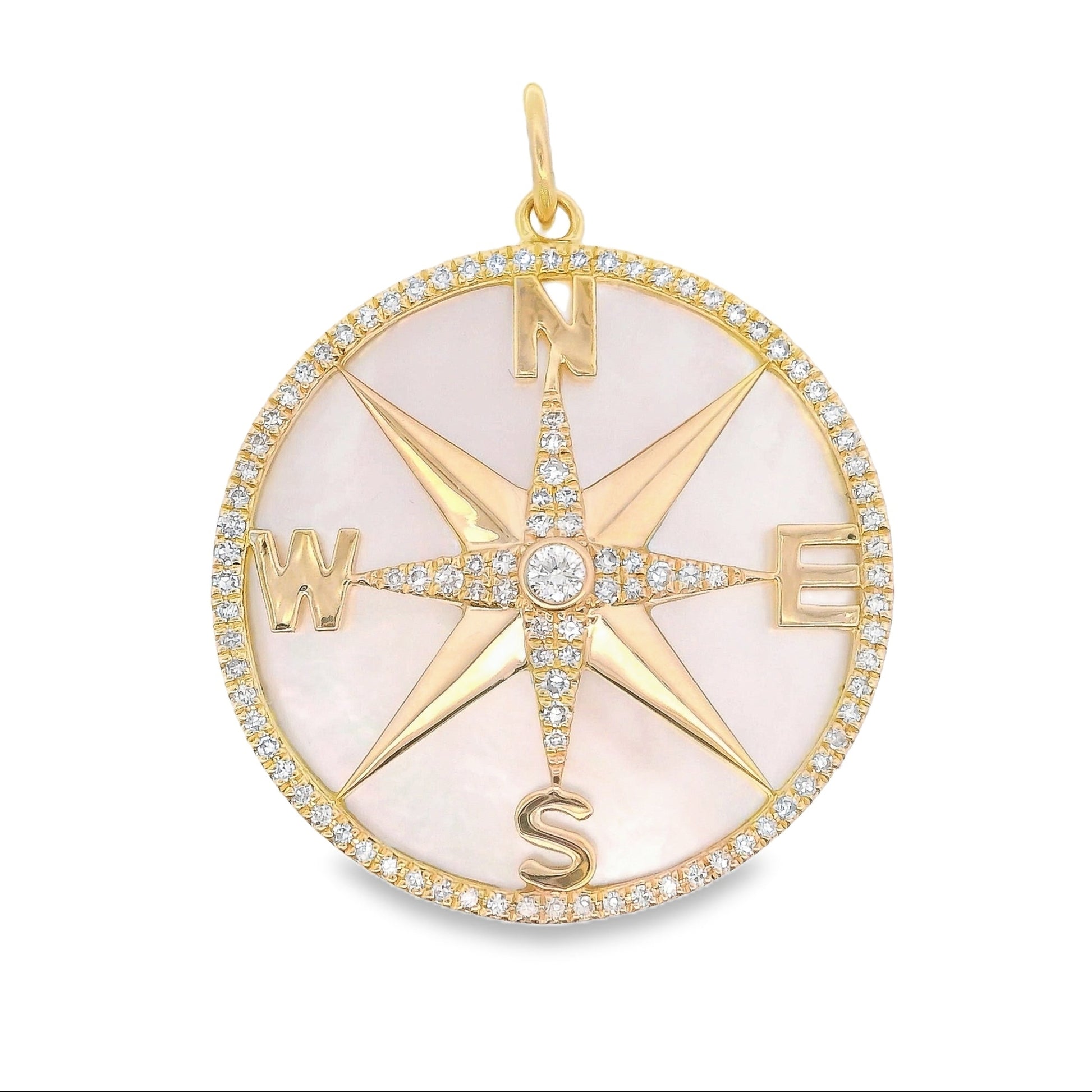 14K Yellow gold compass pendant set with mother of pearl and round brilliant diamonds. Item J39034 - ABC Jewelry Co. 