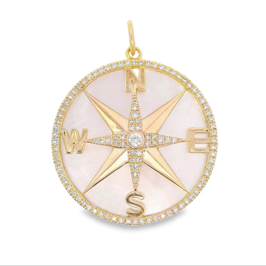 14K Yellow gold compass pendant set with mother of pearl and round brilliant diamonds. Item J39034 - ABC Jewelry Co. 