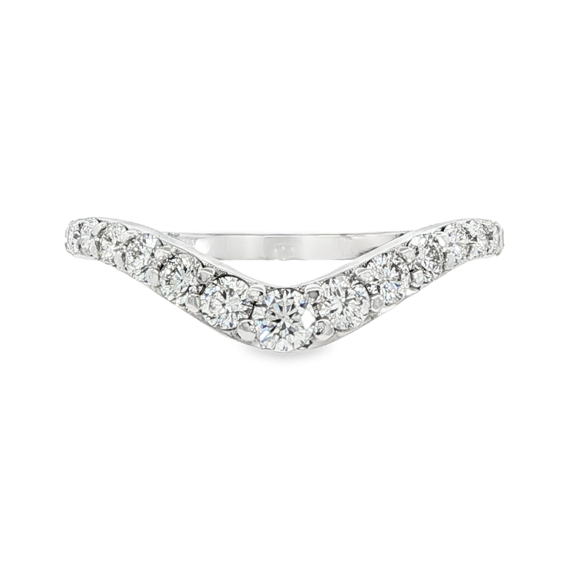 14K White gold curved diamond band set with round brilliant diamonds. Item J38574 - ABC Jewelry Co. 