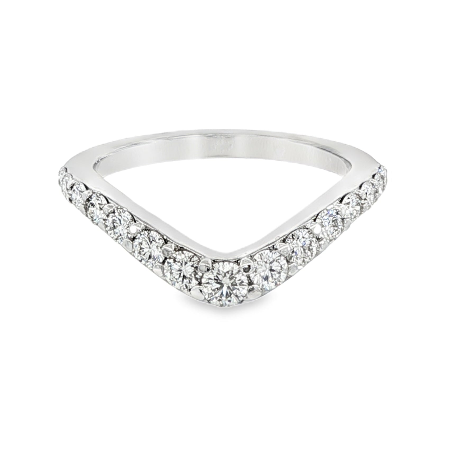 14K White gold curved diamond band set with round brilliant diamonds. Item J38574 - ABC Jewelry Co. 