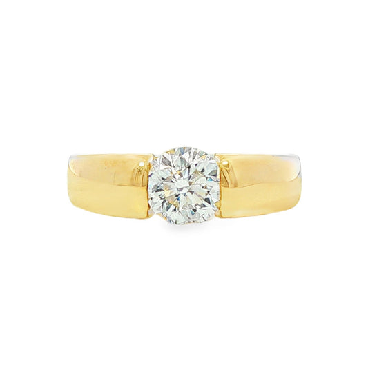 14K Yellow gold solitaire ring set with thick band, set with round brilliant diamond - item J38489, ABC Jewelry Co. 